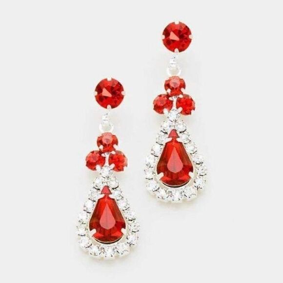 5/$25 Red Crystals & Silver Pave Trim Earrings - Picture 1 of 7